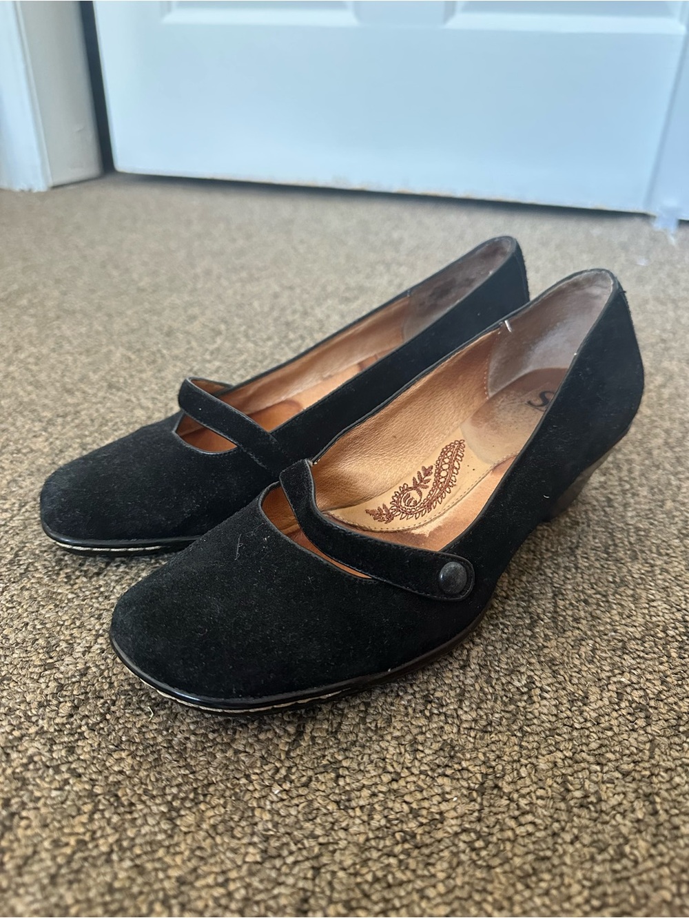 vintage style black suede mary jane low wedge heels
